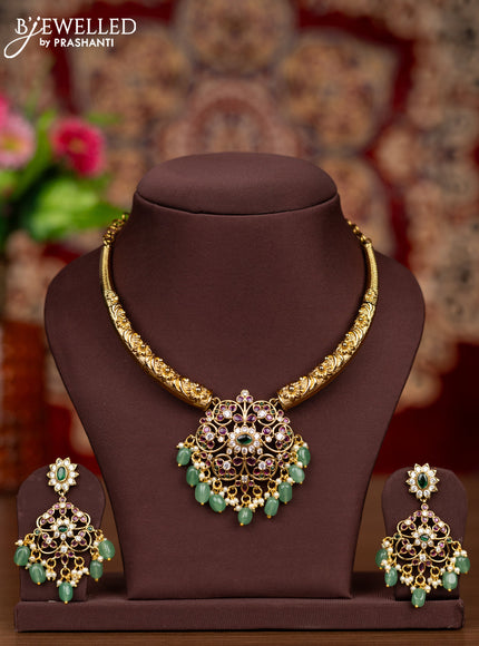Antique necklace with kemp & cz stones and pearl & mint green beads hangings