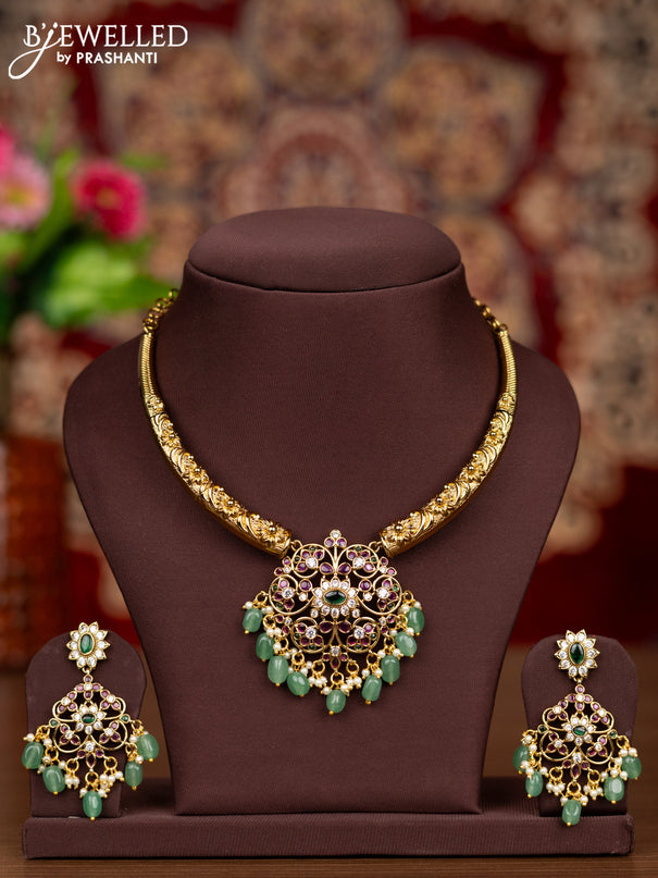 Antique necklace with kemp & cz stones and pearl & mint green beads hangings
