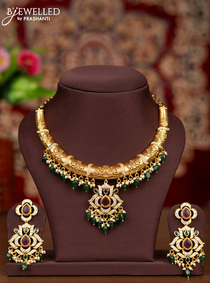 Antique necklace with kemp & cz stones and pearl & green beads hangings