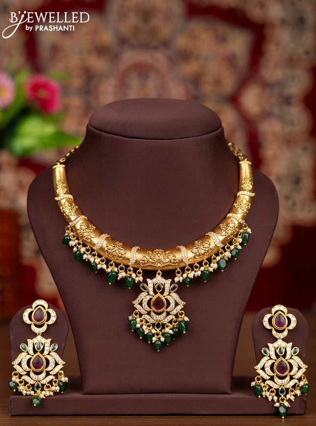 Antique necklace with kemp & cz stones and pearl & green beads hangings