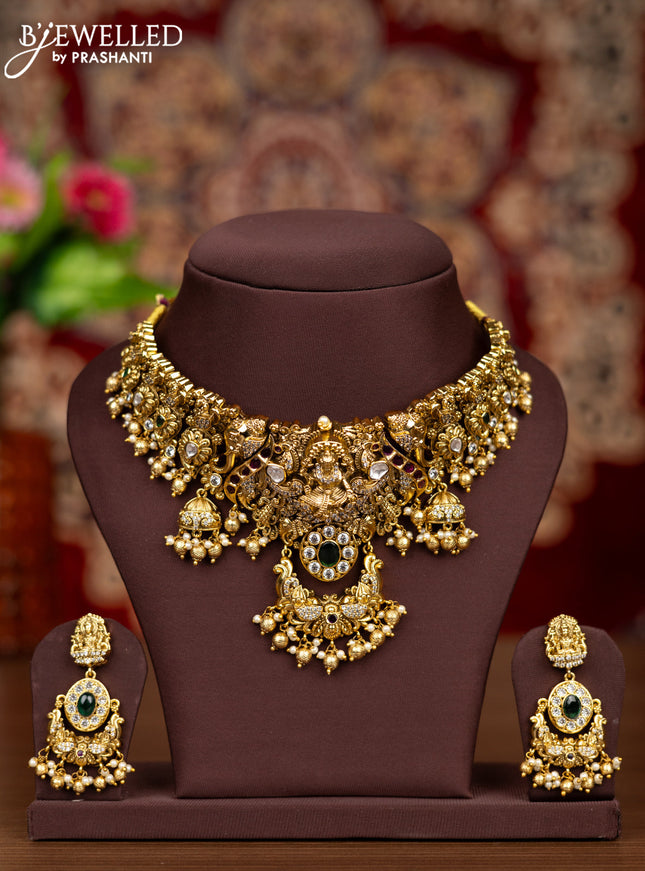 Antique necklace lakshmi design with kemp & kundan cz stones and pearl & golden beads hangings