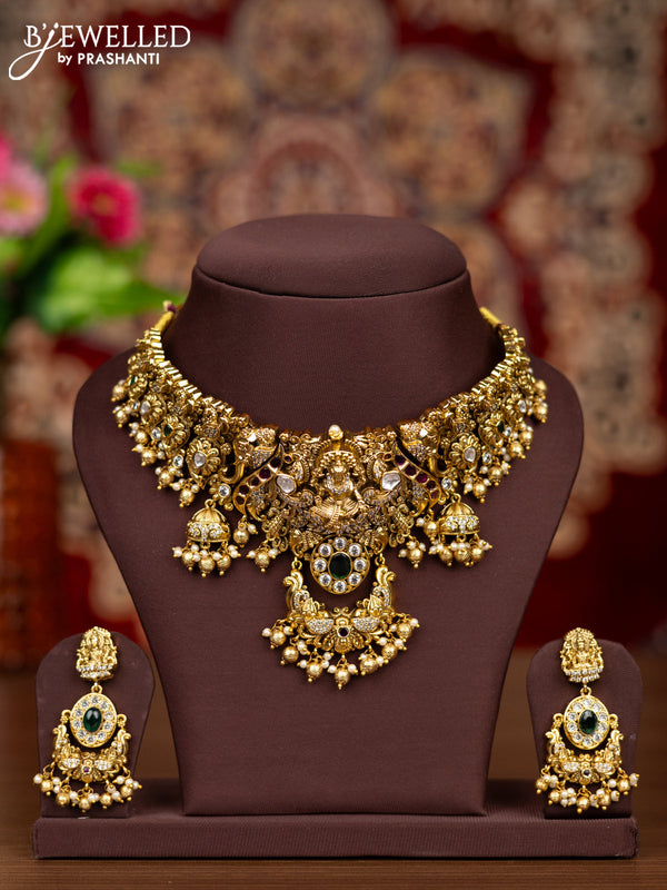 Antique necklace lakshmi design with kemp & kundan cz stones and pearl & golden beads hangings