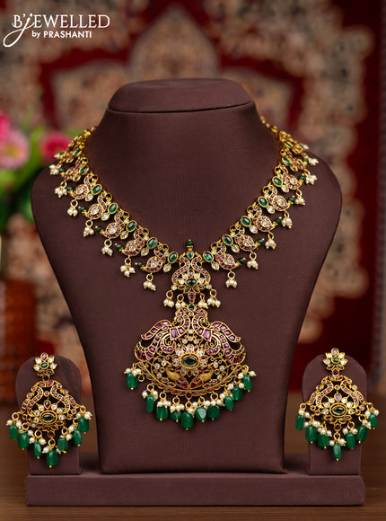 Antique necklace manga pattern with kemp & cz stones and pearl & green beads hangings