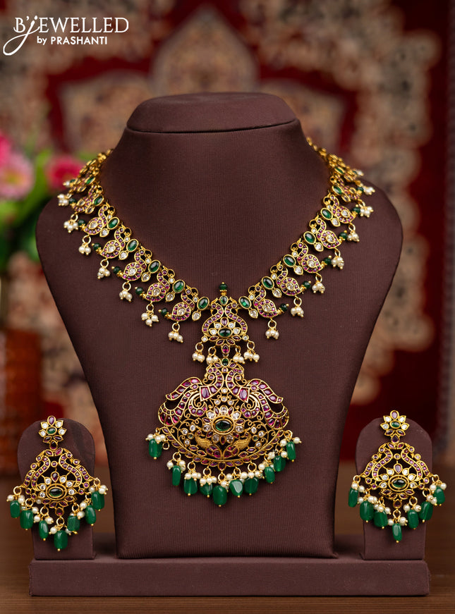 Antique necklace manga pattern with kemp & cz stones and pearl & green beads hangings