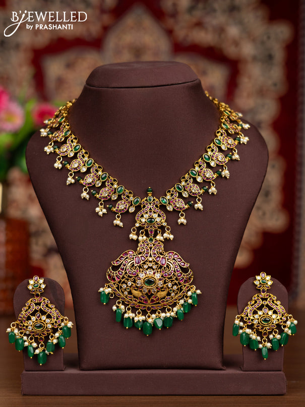 Antique necklace manga pattern with kemp & cz stones and pearl & green beads hangings