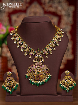 Antique necklace manga pattern with kemp & cz stones and pearl & green beads hangings