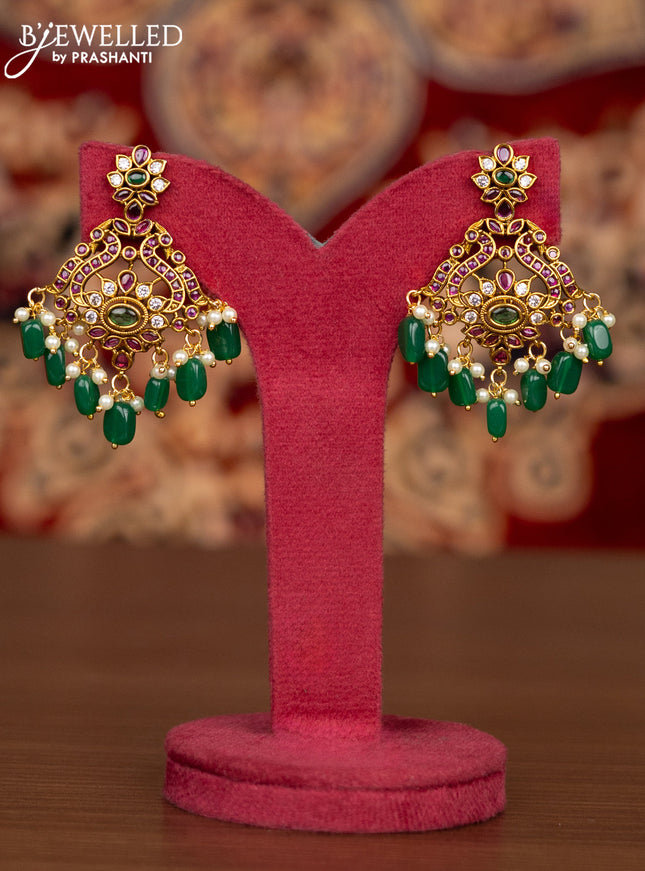 Antique necklace manga pattern with kemp & cz stones and pearl & green beads hangings