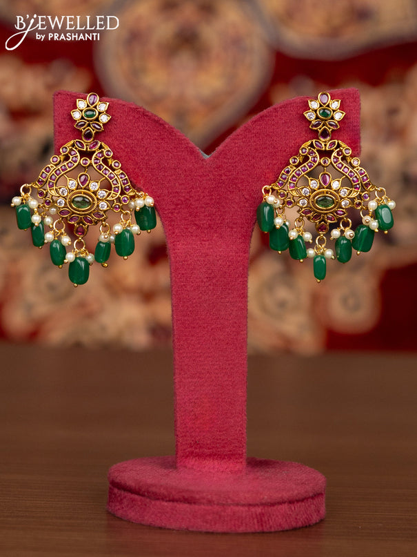 Antique necklace manga pattern with kemp & cz stones and pearl & green beads hangings