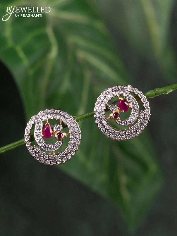 Zircon earrings peacock design with ruby and cz stones in gold finish