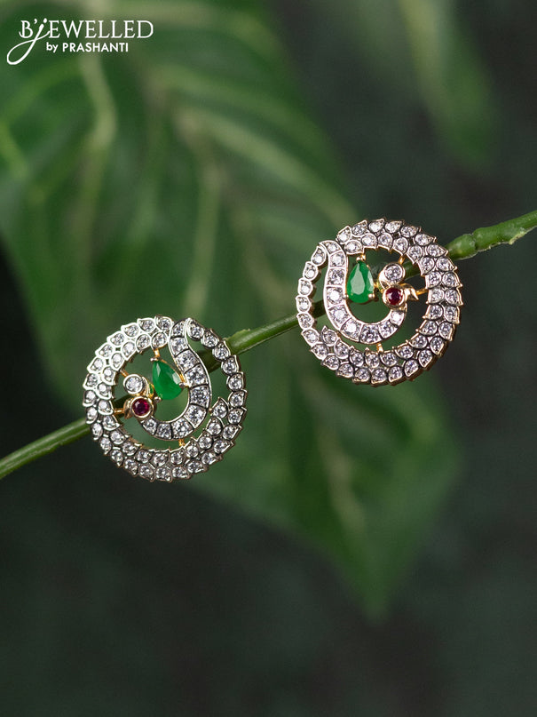 Zircon earrings peacock design with emerald and cz stones in gold finish