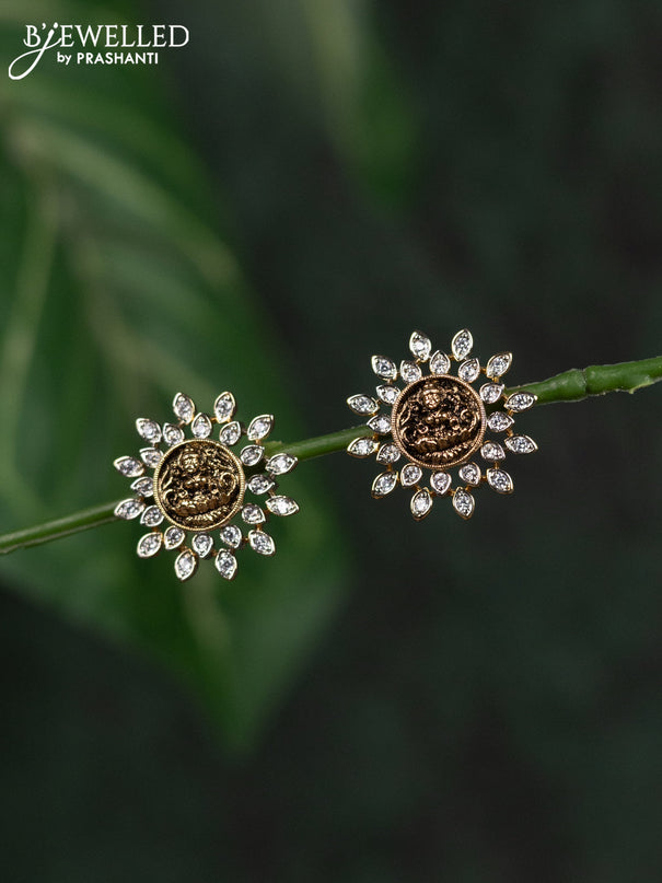 Zircon earrings lakshmi design with cz stones in gold finish