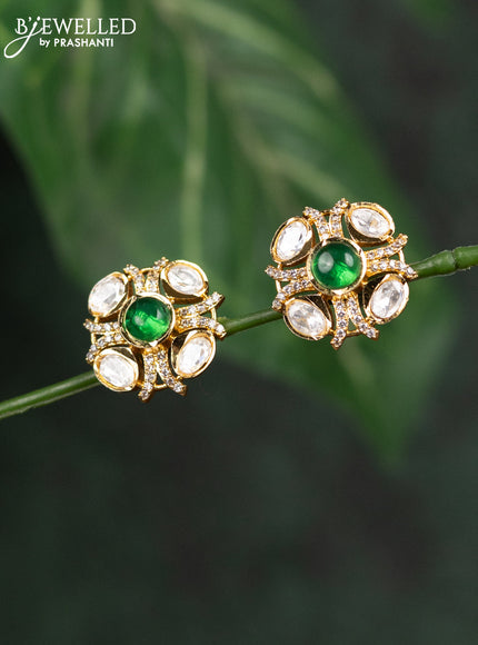 Zircon earrings with emerald & kundan and cz stones in gold finish