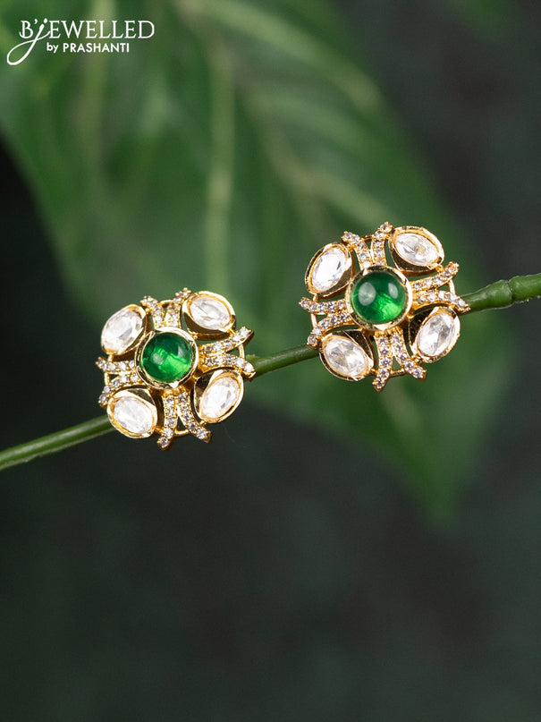 Zircon earrings with emerald & kundan and cz stones in gold finish