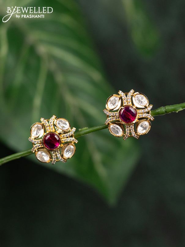 Zircon earrings with ruby & kundan and cz stones in gold finish