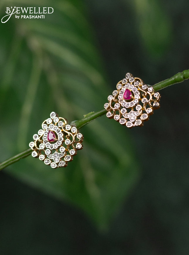 Zircon earrings with ruby and cz stones in gold finish
