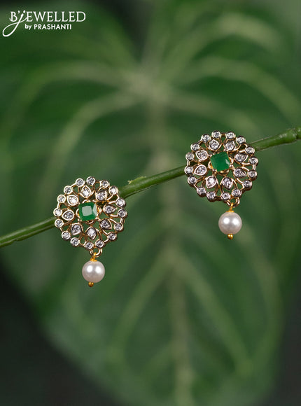 Zircon earrings with emerald & cz stones and pearl hanging in gold finish