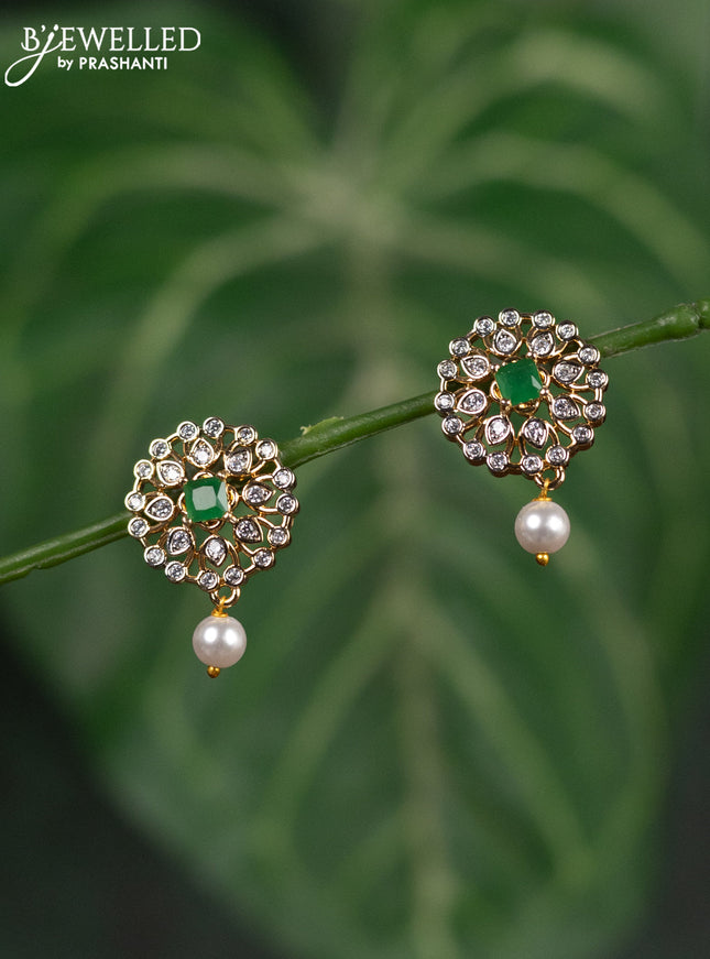Zircon earrings with emerald & cz stones and pearl hanging in gold finish