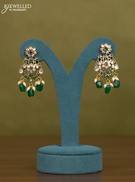 Necklace with emerald & kundan stones and pearl & green beads hangings in victorian finish