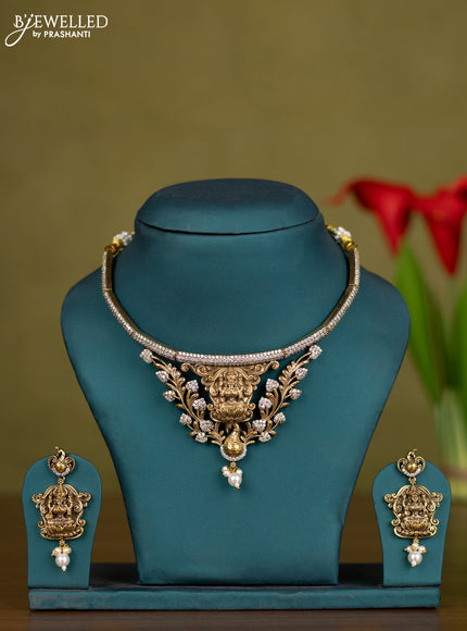 Necklace lakshmi design with cz stones and pearl hangings in victorian finish