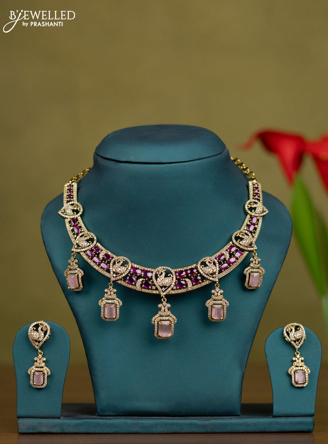 Necklace peacock design with multicolour & cz stones and hangings in victorian finish