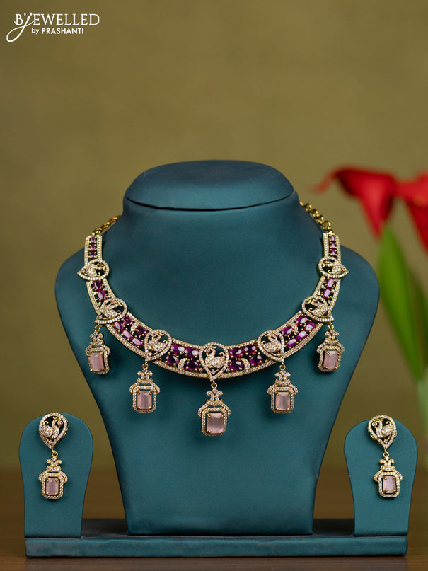 Necklace peacock design with multicolour & cz stones and hangings in victorian finish