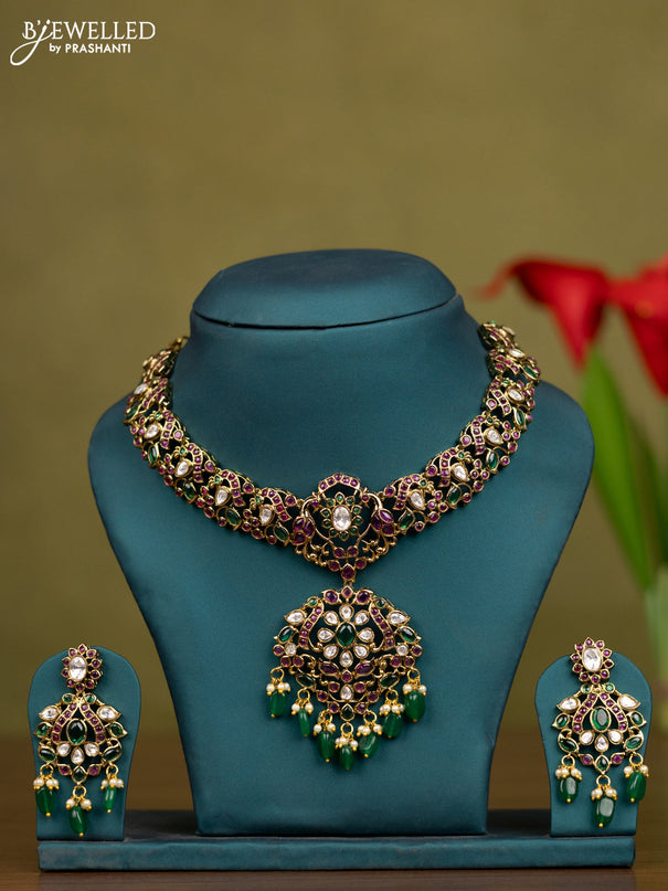 Necklace with kemp & kundan stones and pearl & green beads hangings in victorian finish