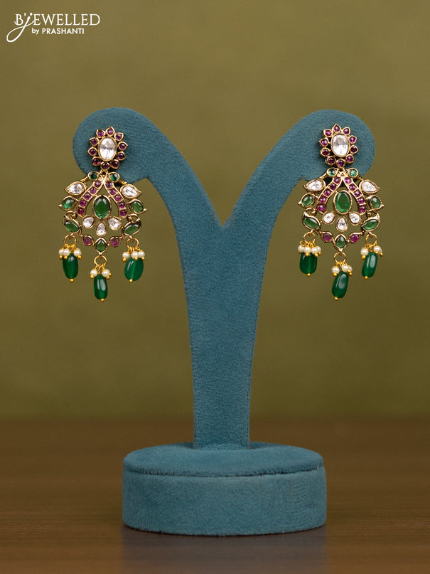 Necklace with kemp & kundan stones and pearl & green beads hangings in victorian finish