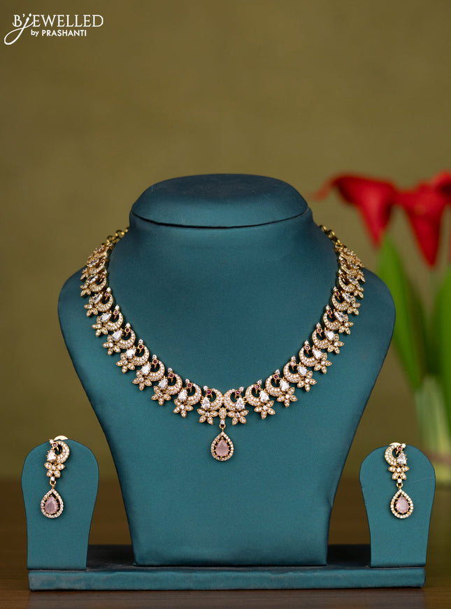 Necklace peacock design with ruby & baby pink and cz stones in victorian finish