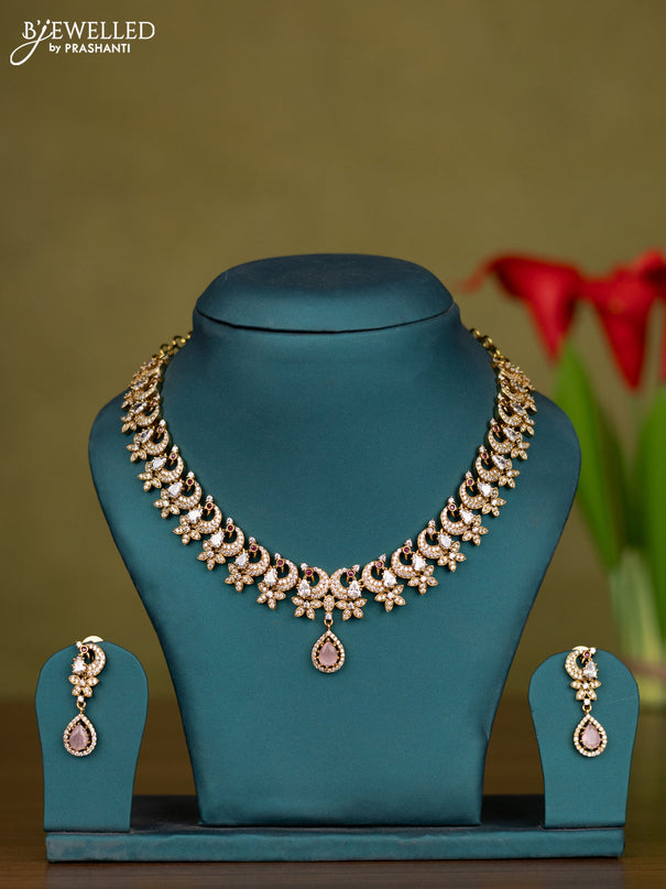 Necklace peacock design with ruby & baby pink and cz stones in victorian finish