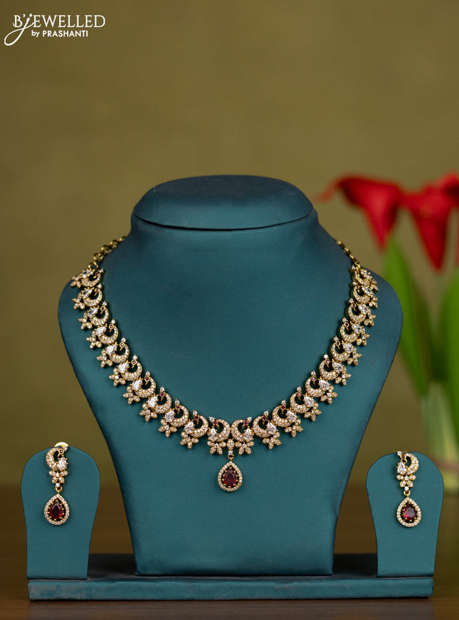 Necklace peacock design with ruby and cz stones in victorian finish
