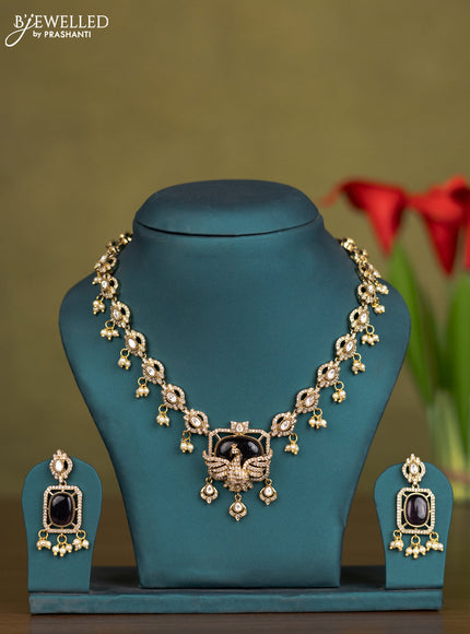 Necklace peacock design with purple & kundan cz stones and pearl hangings in victorian finish