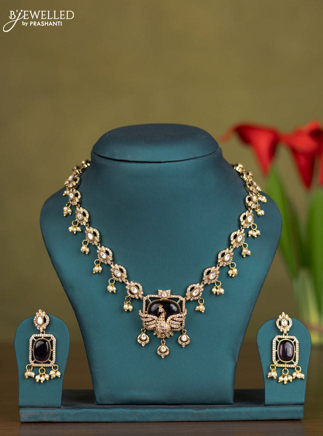 Necklace peacock design with purple & kundan cz stones and pearl hangings in victorian finish