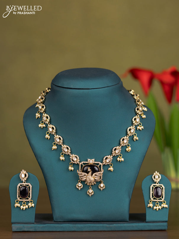 Necklace peacock design with purple & kundan cz stones and pearl hangings in victorian finish