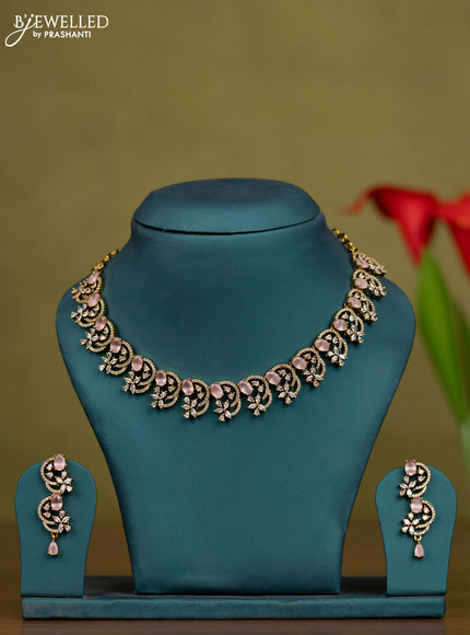 Necklace with baby pink and cz stones in victorian finish