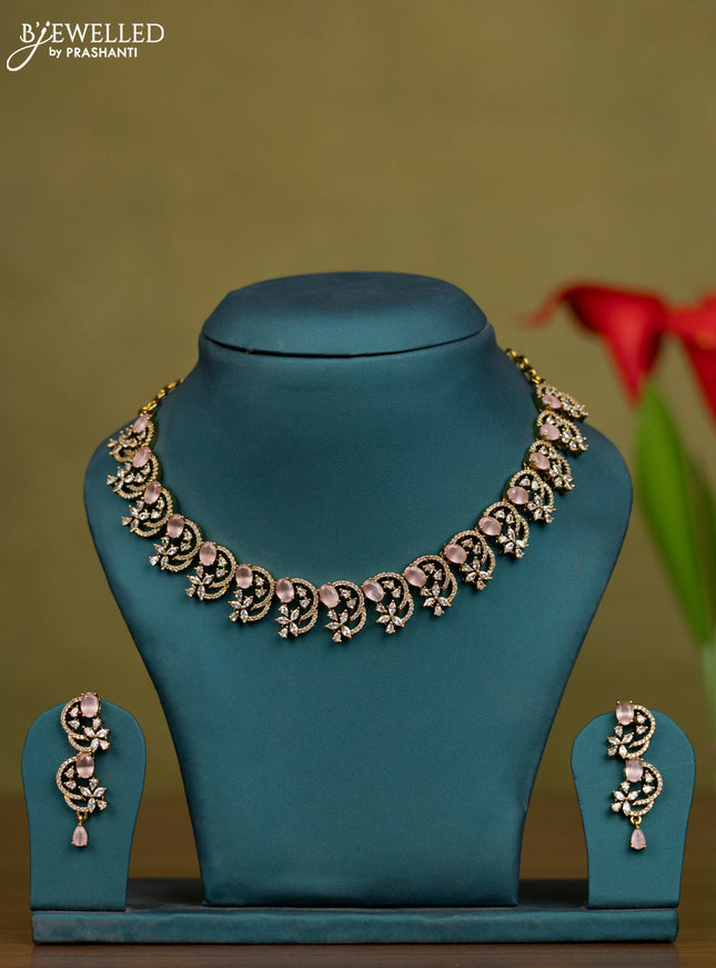 Necklace with baby pink and cz stones in victorian finish