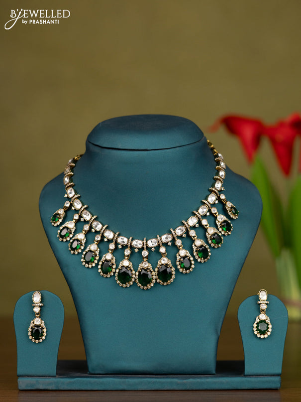 Necklace with emerald and kundan cz stones in victorian finish