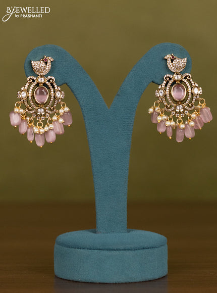Necklace peacock design with baby pink & kundan cz stones and pearl & beads hangings in victorian finish
