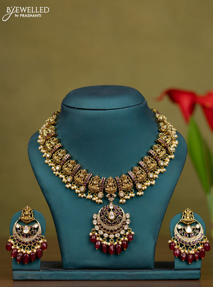 Necklace lakshmi design with ruby & kundan cz stones and  maroon beads hangings in victorian finish