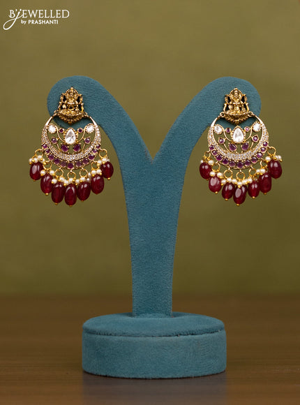 Necklace lakshmi design with ruby & kundan cz stones and  maroon beads hangings in victorian finish