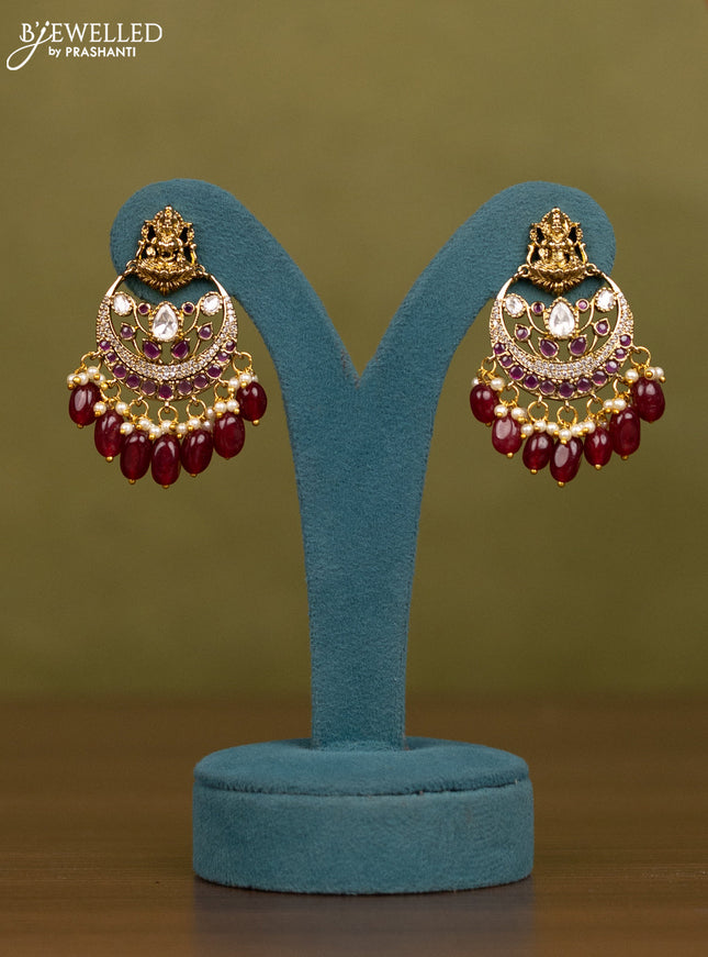 Necklace lakshmi design with ruby & kundan cz stones and  maroon beads hangings in victorian finish