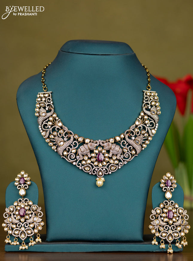 Necklace peacock & elephant design with ruby & kundan cz stones and pearl hangings in victorian finish