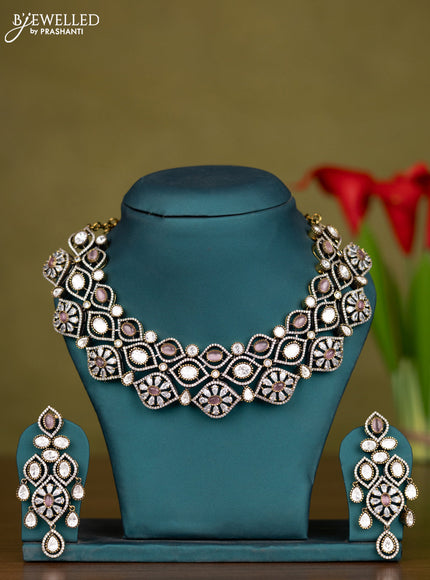 Necklace with baby pink & kundan and cz stones in victorian finish