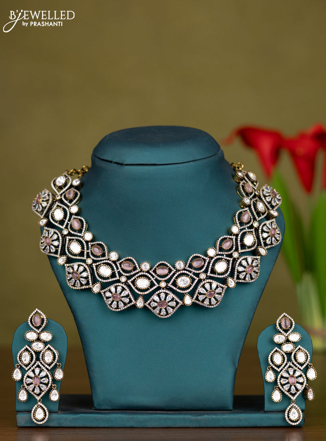 Necklace with baby pink & kundan and cz stones in victorian finish