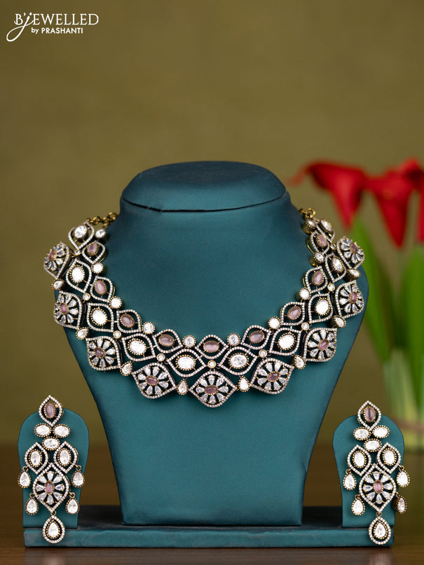 Necklace with baby pink & kundan and cz stones in victorian finish