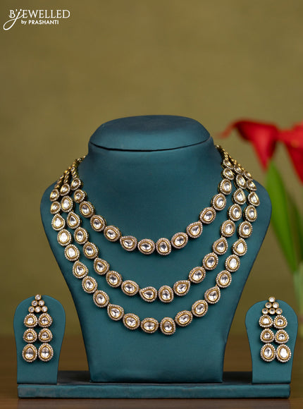 Necklace triple layer with kundan and cz stones in victorian finish