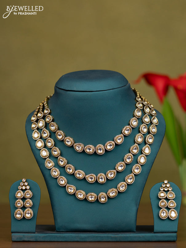 Necklace triple layer with kundan and cz stones in victorian finish