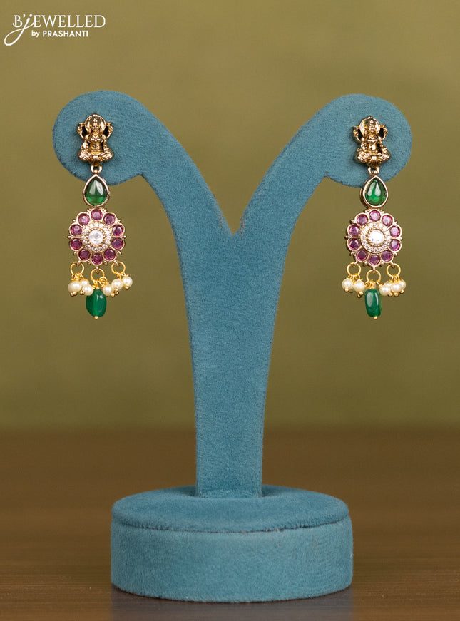 Necklace lakshmi & floral design with kemp & kundan cz stones and pearl & green beads hangings in victorian finish