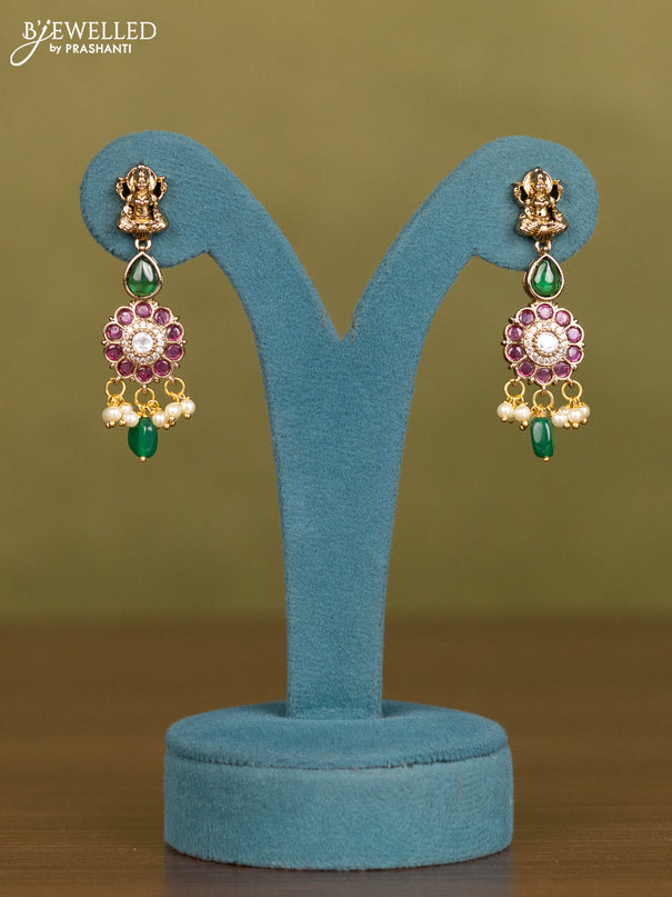 Necklace lakshmi & floral design with kemp & kundan cz stones and pearl & green beads hangings in victorian finish