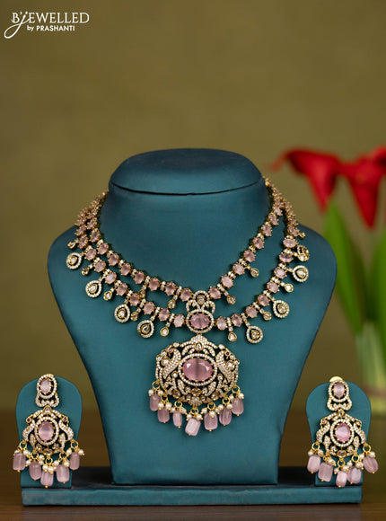 Necklace double layer with baby pink & cz stones and beads hangings in victorian finish