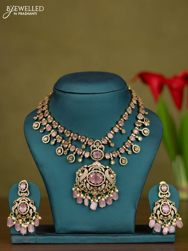Necklace double layer with baby pink & cz stones and beads hangings in victorian finish